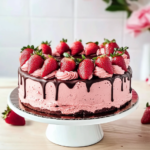 Chocolate Strawberry Cake topped with ganache and strawberries