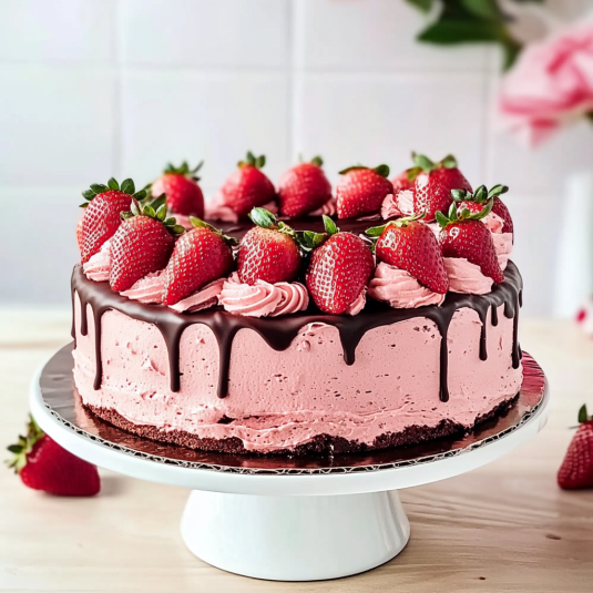 Chocolate Strawberry Cake topped with ganache and strawberries