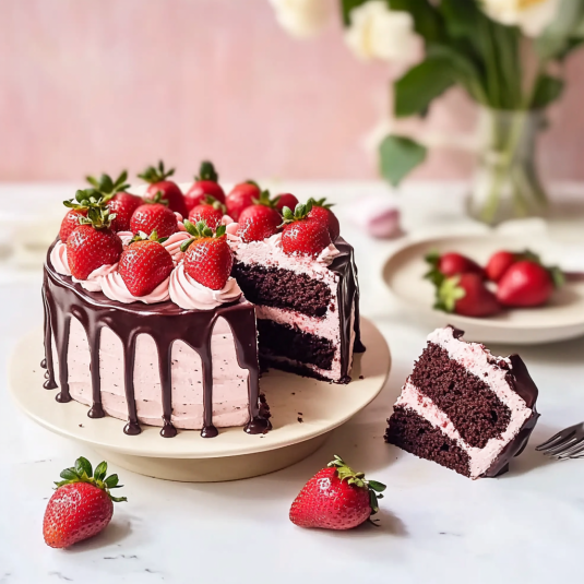 Ganache poured on chocolate strawberry cake