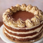 Tiramisu Cake sliced with espresso and mascarpone layers