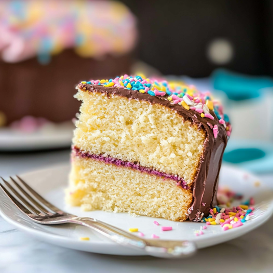 Moist vanilla cake recipe with buttercream frosting, sliced to show fluffy layers