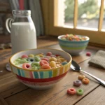colorful apple jack cereal in a bowl with milk