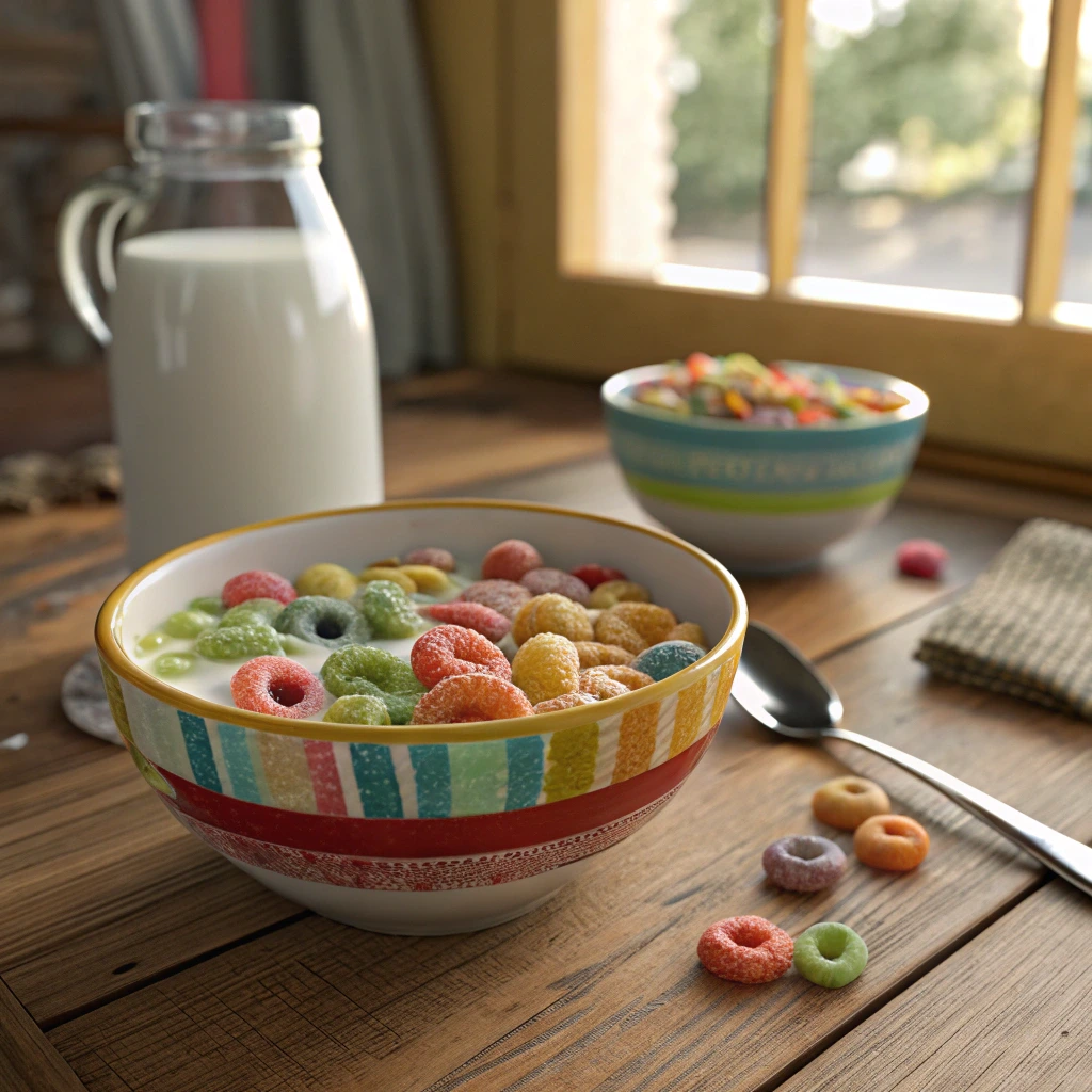 colorful apple jack cereal in a bowl with milk