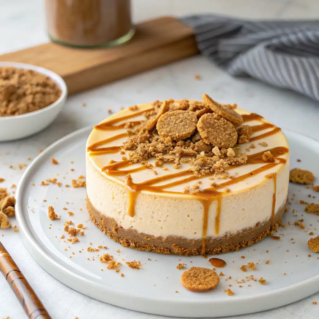 biscoff cheesecake no bake served with caramel drizzle