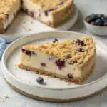 Blueberry crumble cheesecake with golden topping on plate