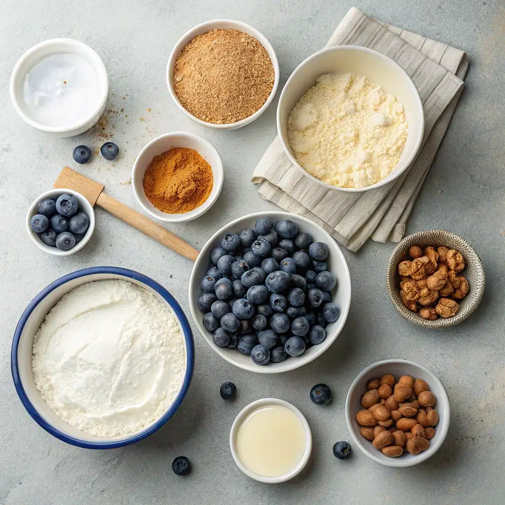 Ingredients for blueberry crumble cheesecake laid on counter