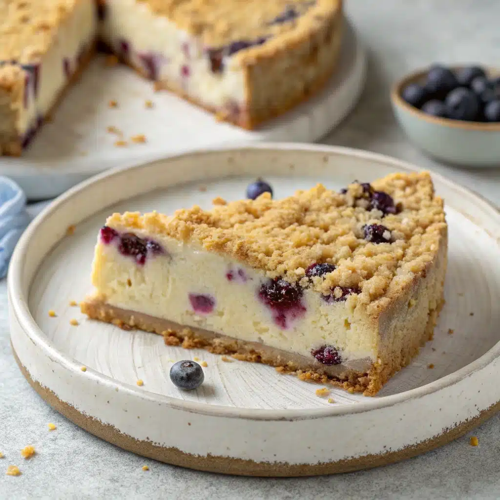 Blueberry crumble cheesecake with golden topping on plate