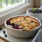 blueberry crumble gluten free dessert in baking dish