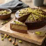 Close-up of chocolate and pistachio cake slice with ganache and crushed pistachios