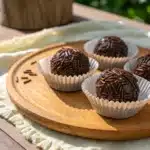 Chocolate brigadeiro recipe close-up on wooden plate