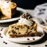 Served slice of cookie dough cheesecake