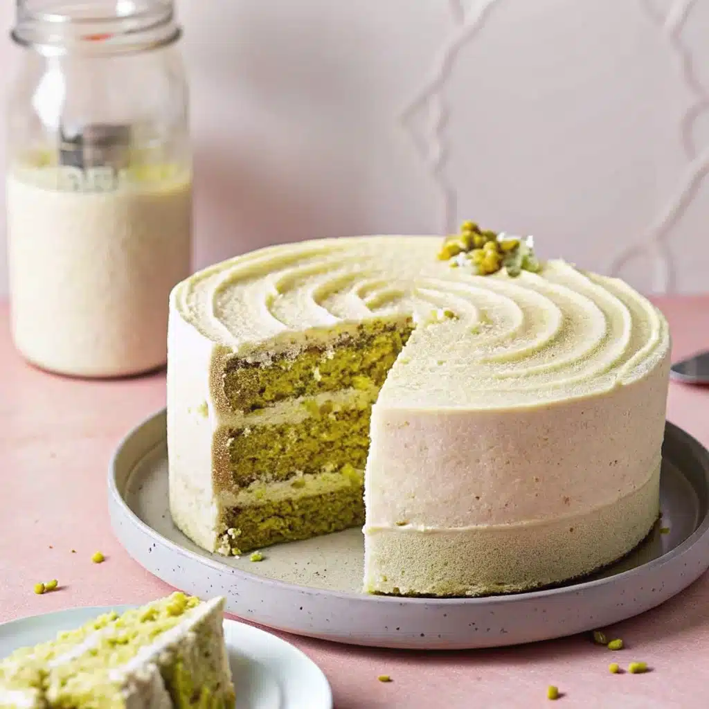 Vegan pistachio cake sliced on a table with pistachio crumbs
