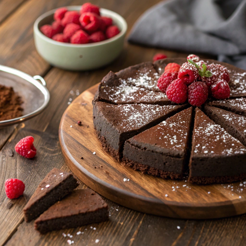 Flourless chocolate cake vegan topped with raspberries