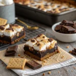 Close-up of gooey s’mores brownies fresh from the oven