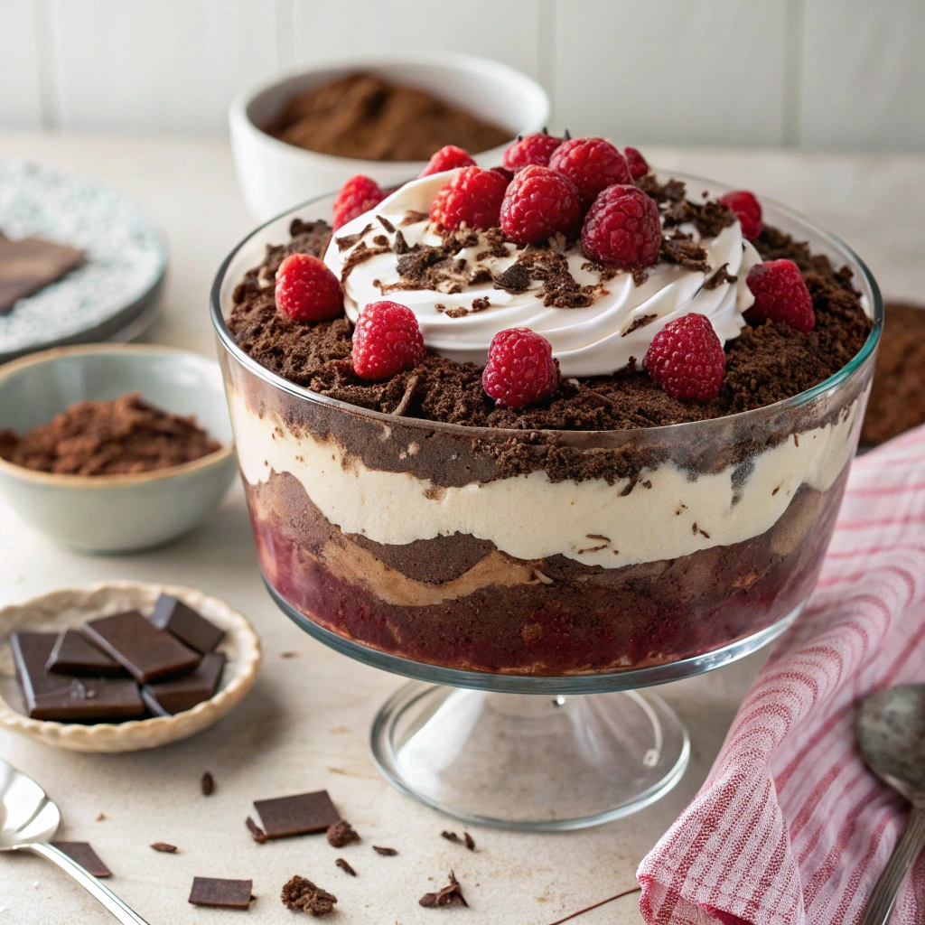 Heavenly Chocolate Cheesecake Trifle with layers of cake and mousse