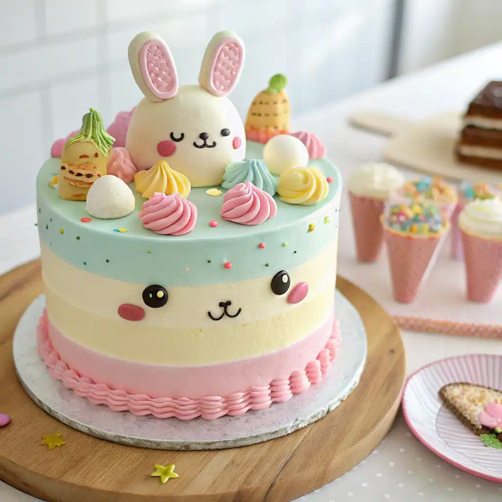 labubu ice cream cake decorated with fondant and pastel layers