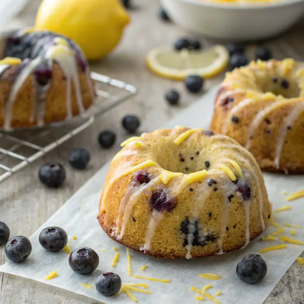 Close-up of lemon blueberry mini bundt cakes with glaze