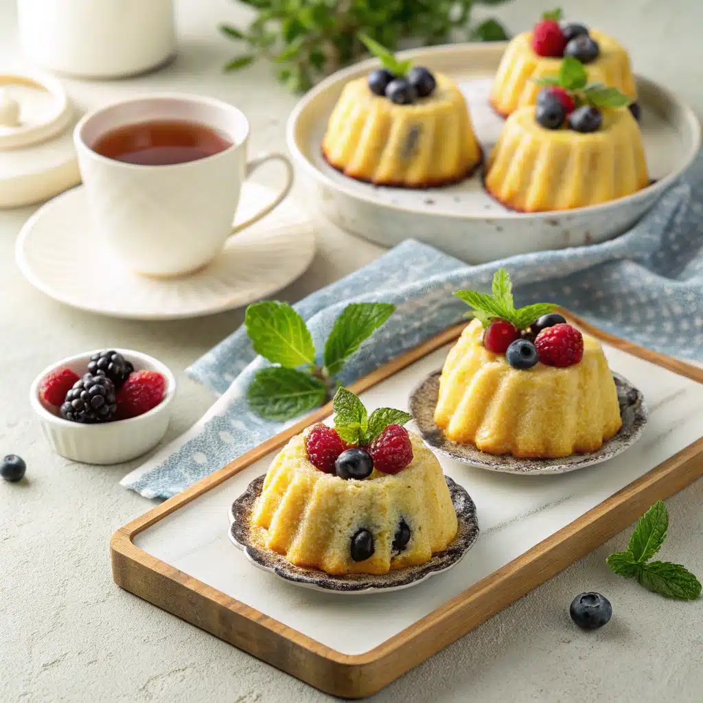 Mini bundt cakes served with tea and berries