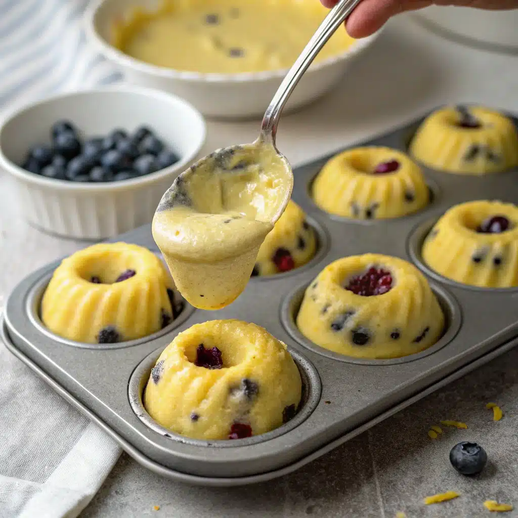 Filling mini bundt pan with lemon blueberry cake batter