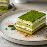matcha tiramisu slice with green tea layers