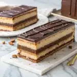 Opera-cake layers close-up – chocolate glaze, almond sponge, and coffee buttercream.
