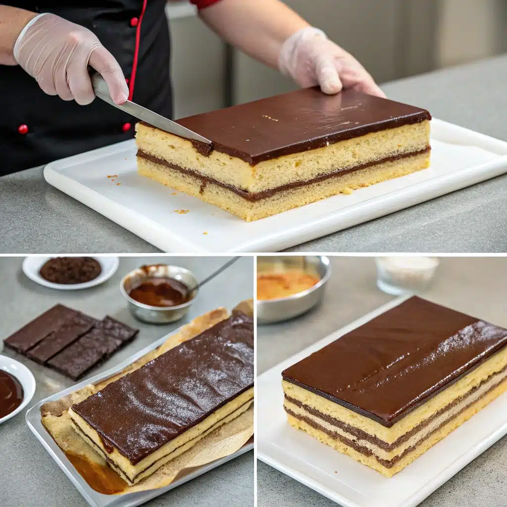 Opera-cake preparation process – sponge, ganache, glaze.