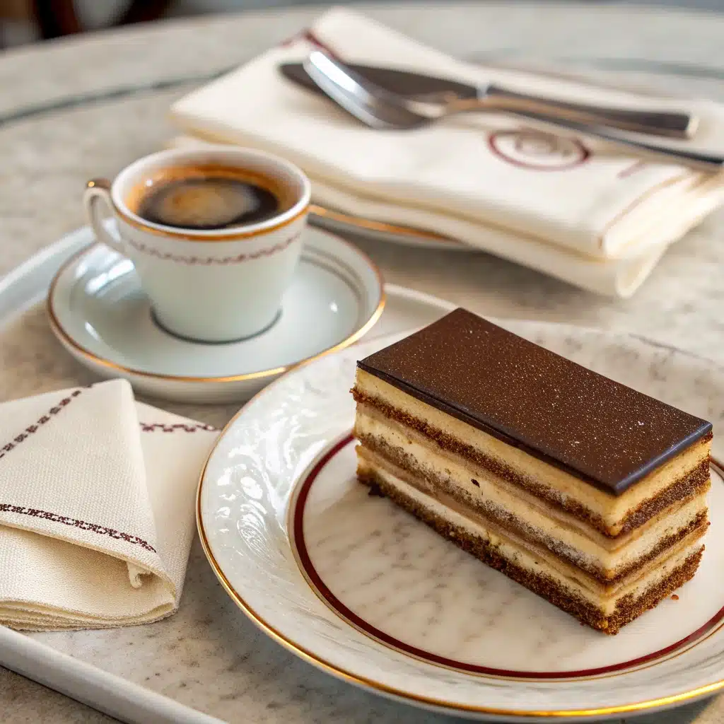 Served slice of opera-cake with espresso pairing.