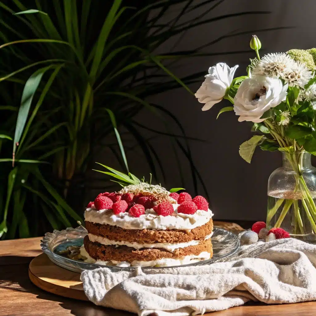 Pistachio raspberry cake slice with berries and nuts