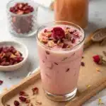 rose milk tea served with rose petals in a clear glass