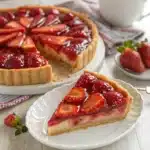 Shoney's strawberry pie slice on white plate with glaze