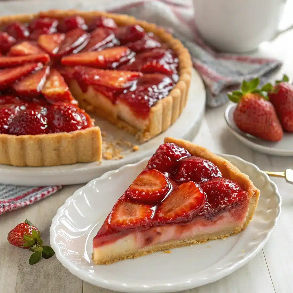 Shoney's strawberry pie slice on white plate with glaze