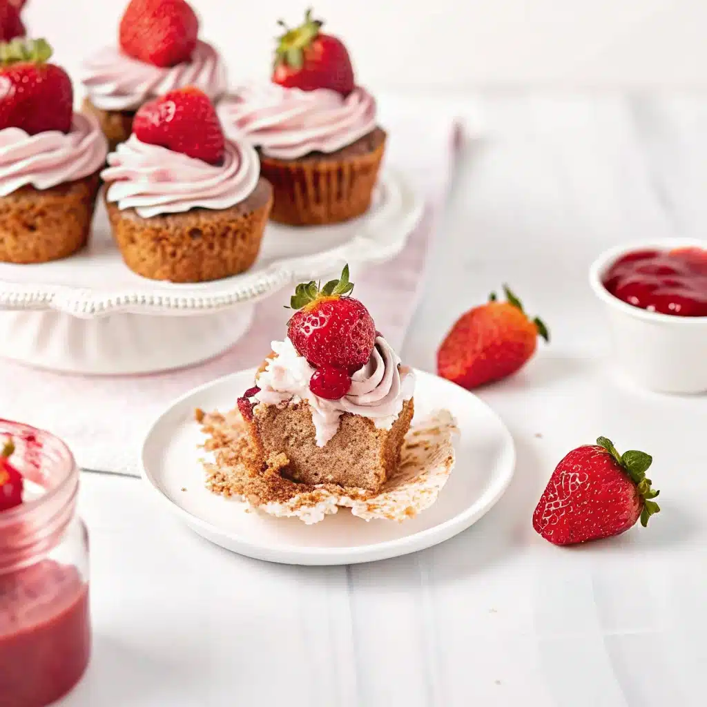 Strawberry cupcakes with strawberry filling topped with buttercream