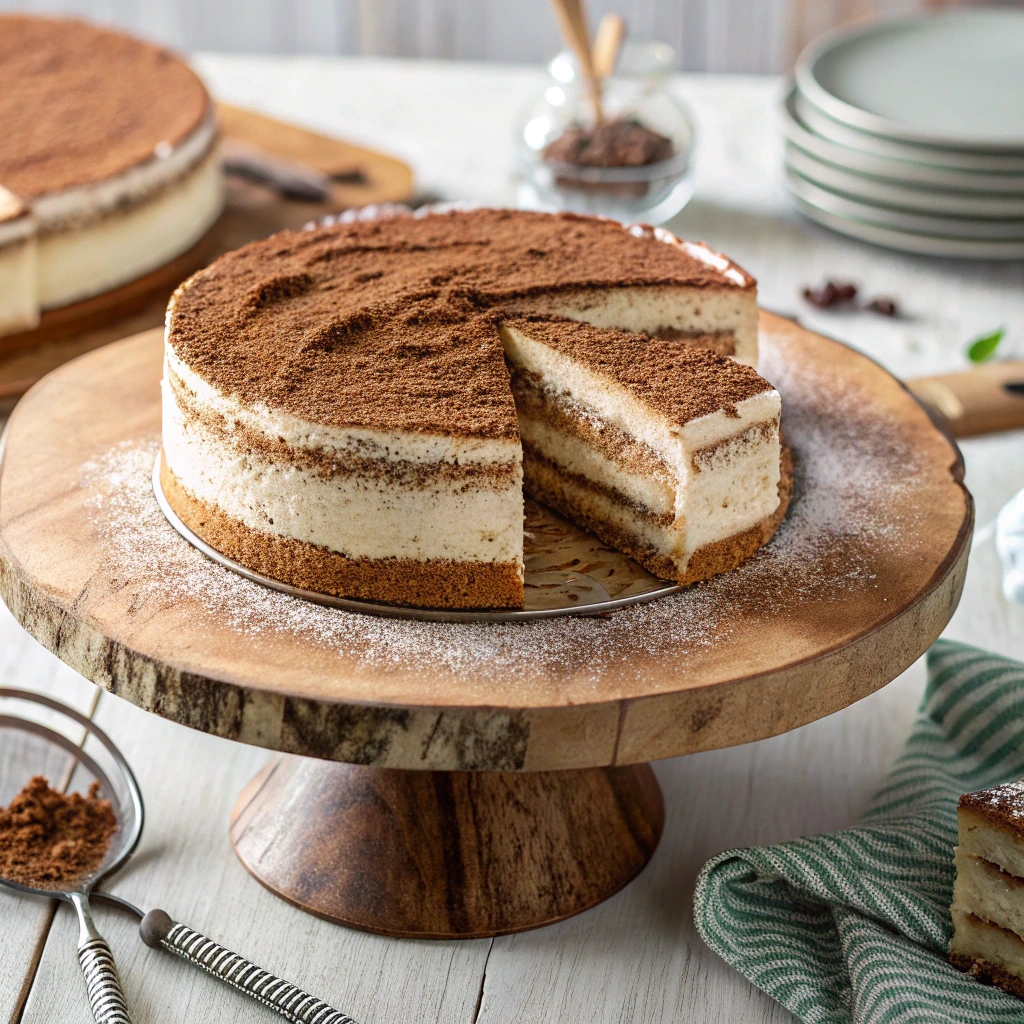 close-up tiramisu sponge cake on stand with mascarpone layers