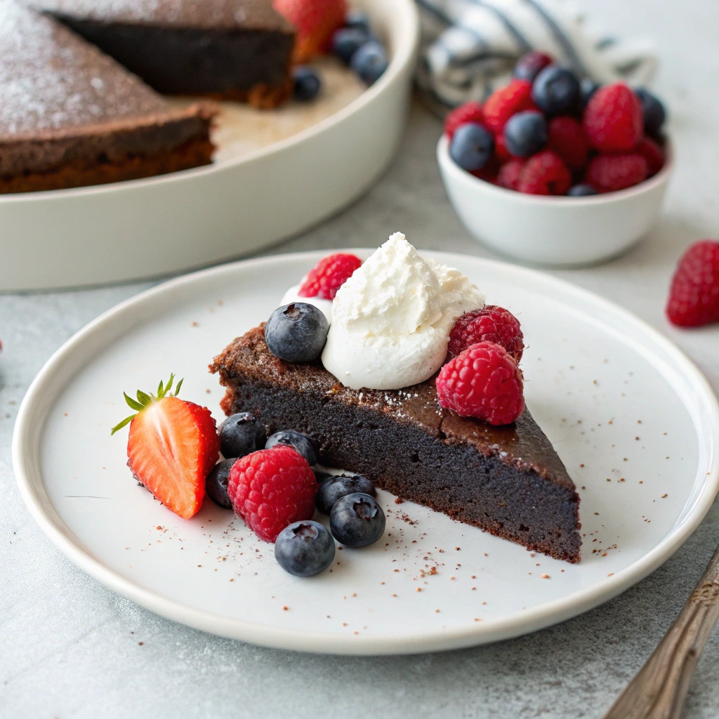 Served flourless chocolate cake vegan with whipped topping