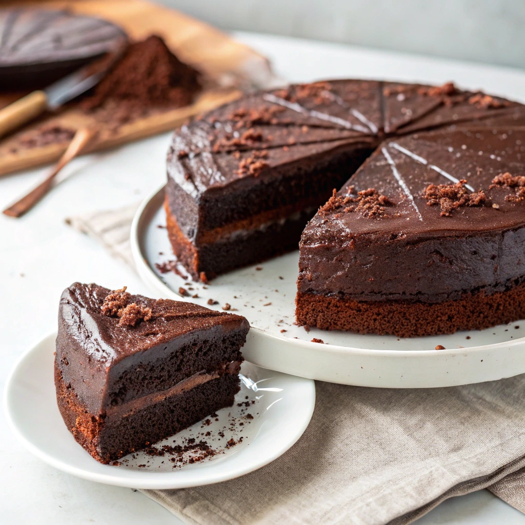 Vegan chocolate cake sliced with rich dark layers