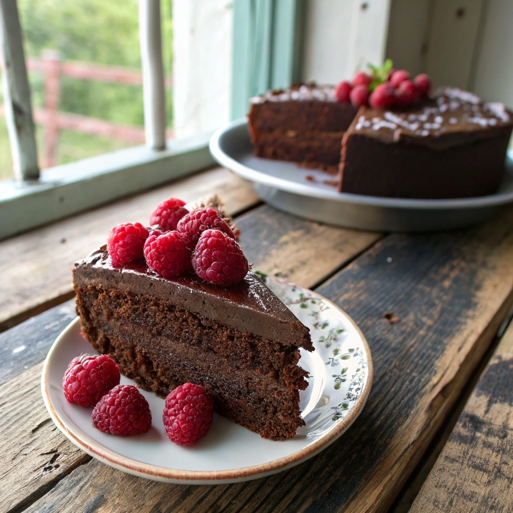 Moist vegan chocolate gluten free cake slice with ganache
