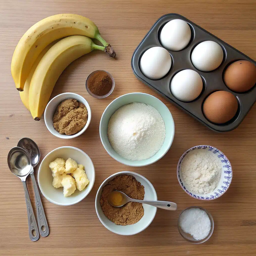 ingredients for 2 banana muffins laid out on counter
