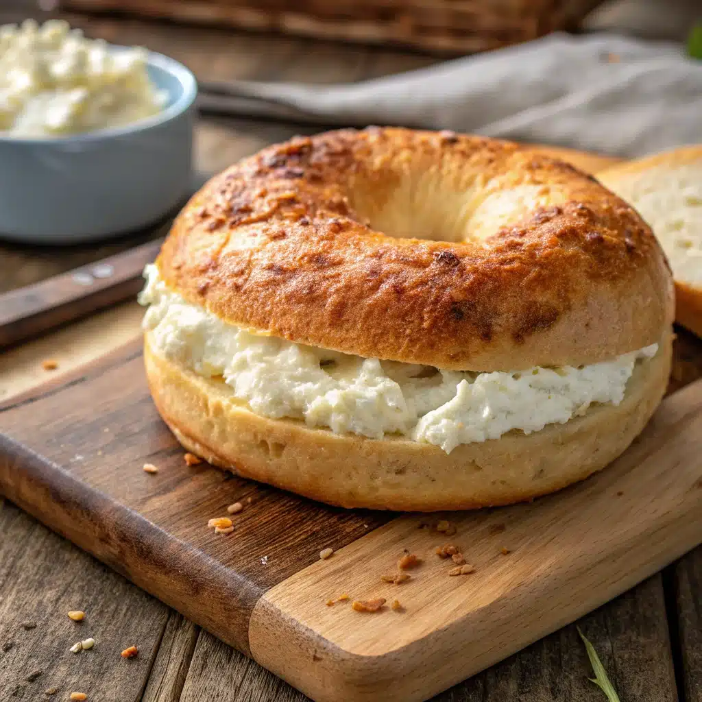 2 Ingredient Bagel with Cottage Cheese on wooden board