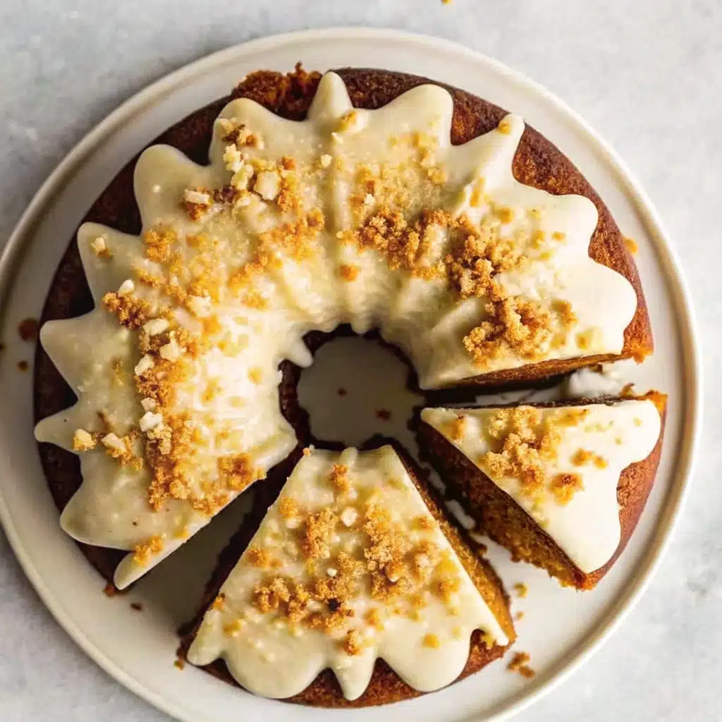 Pouring Cream Cheese Glaze Over Banana Bundt Cake