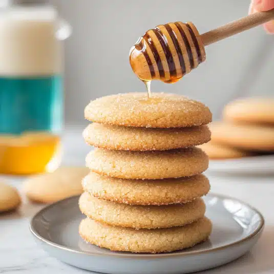 Chewy honey cookies stacked on a table