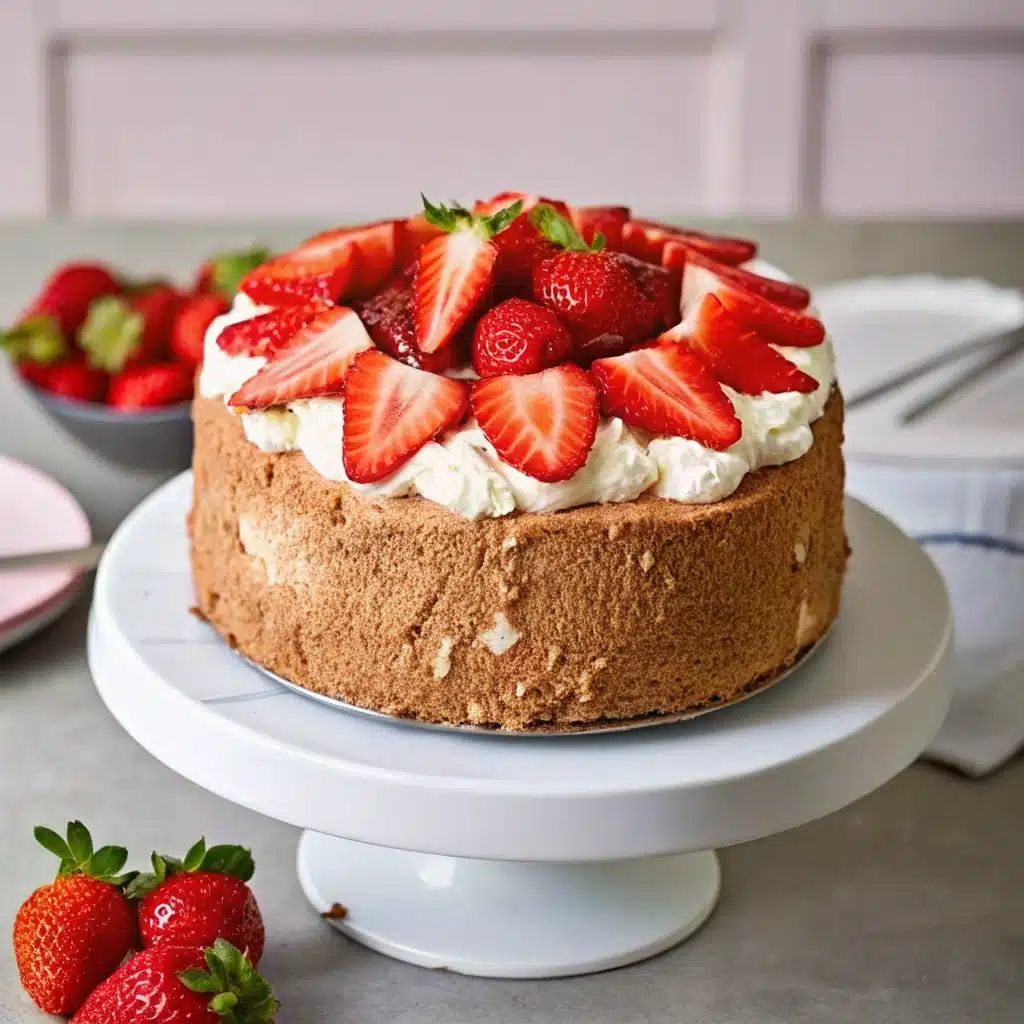 Strawberry Angel Food Cake slice with toppings