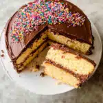 Vanilla Cake with Chocolate Frosting on rustic cake stand