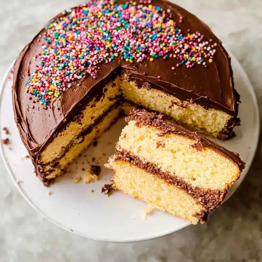 Vanilla Cake with Chocolate Frosting on rustic cake stand