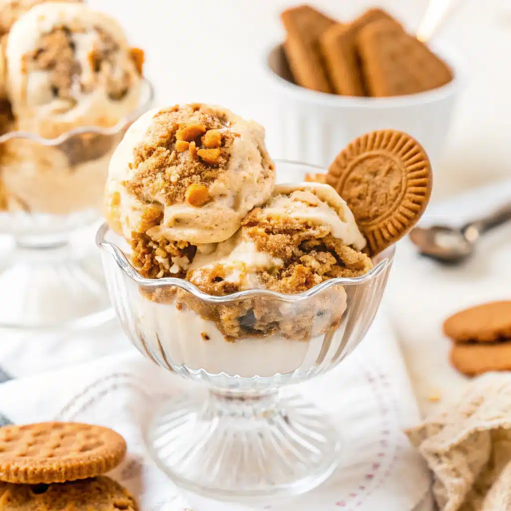 Scoop of Biscoff Ice Cream with cookie swirl in a waffle cone