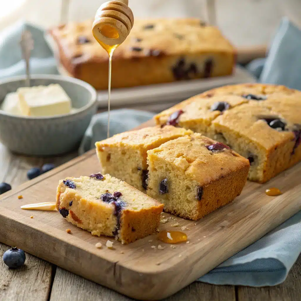Moist blueberry cornbread with butter and honey