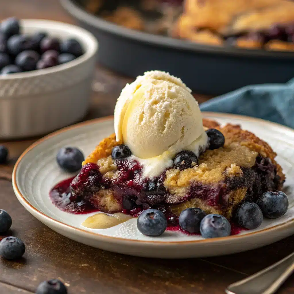 Blueberry dump cake served with vanilla ice cream
