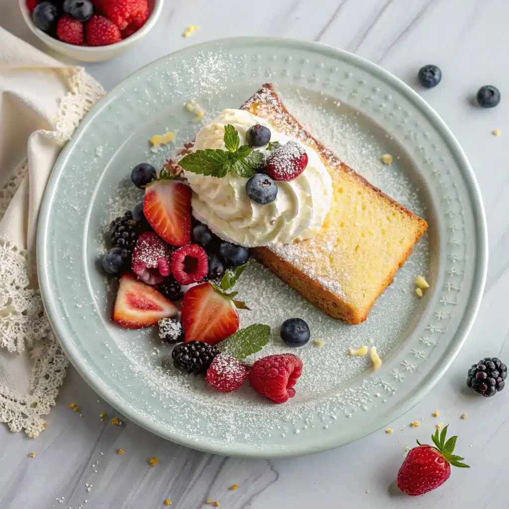 Buttermilk pound cake served with berries and cream