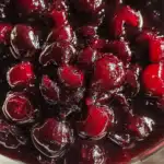 Cherry compote in a glass jar with spoon