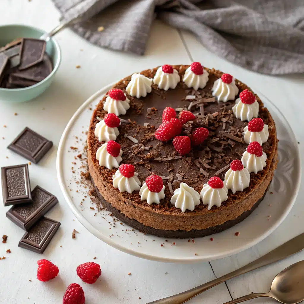 Decorated chocolate cheesecake with whipped cream and raspberries