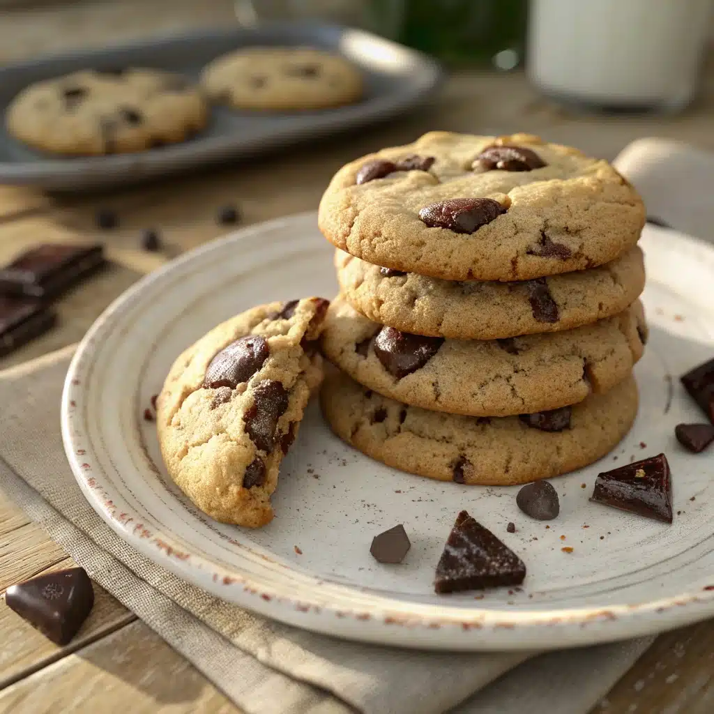 Chocolate chip shortbread cookies stacked on a plate